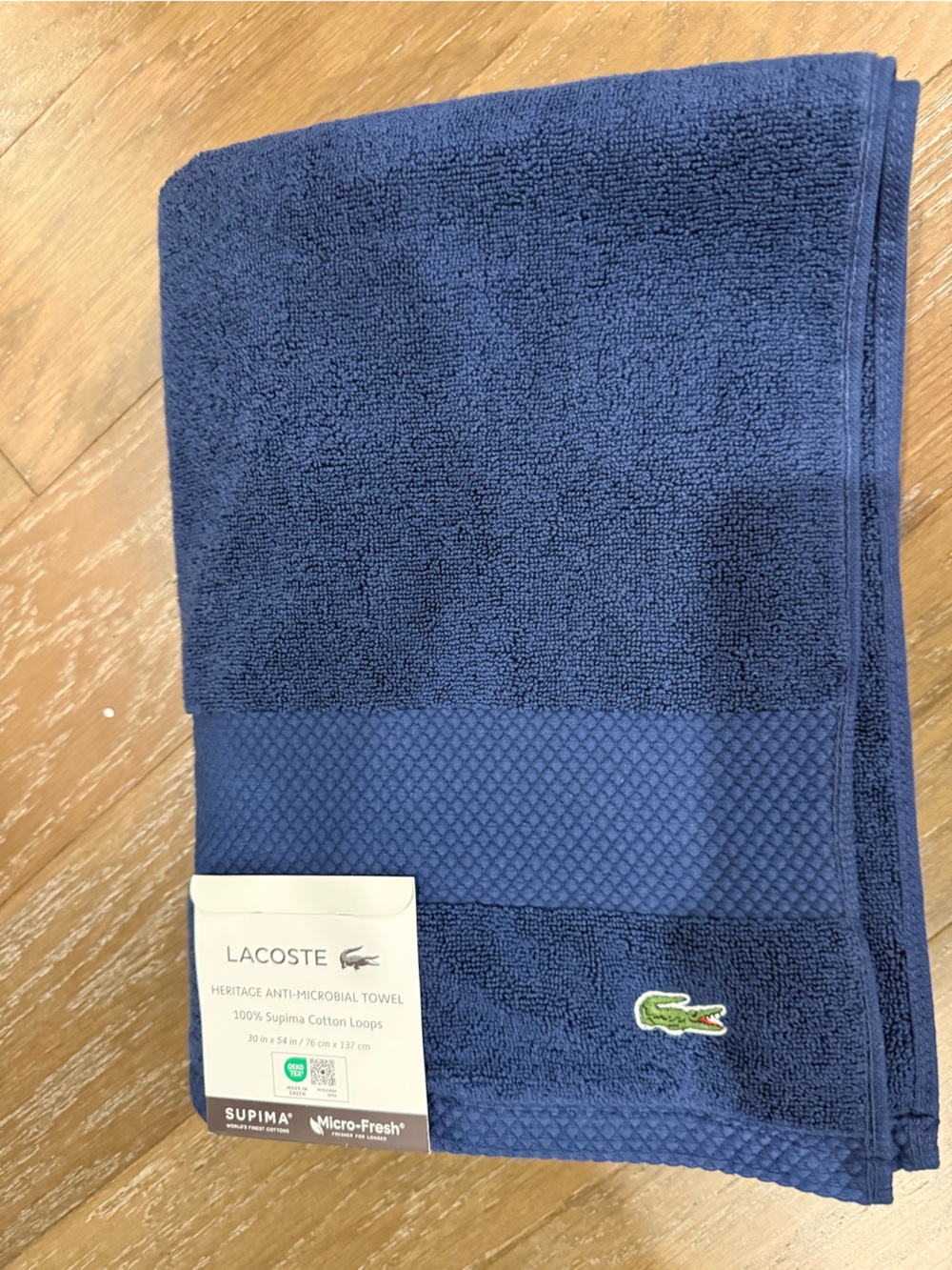 Lacoste Navy Blue Supima Cotton Heritage anti-bacterial Bath Towel